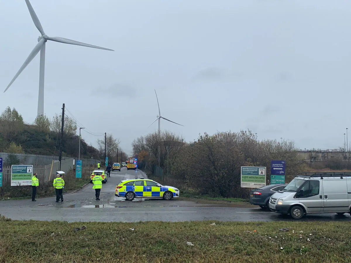 In this picture obtained from social media, emergency responders are seen on the scene of a blast in a warehouse in Avonmouth near Bristol, Britain, on Dec. 3, 2020. (Twitter/@jawadburhan98/via Reuters)