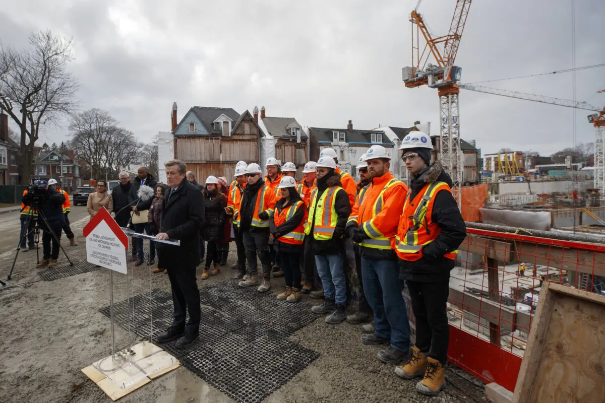 Toronto Mayor John Tory speaks during a news conference at a construction site that will soon house residential housing in Toronto, Canada, on Jan. 16, 2020. (Cole Burston/The Canadian Press)