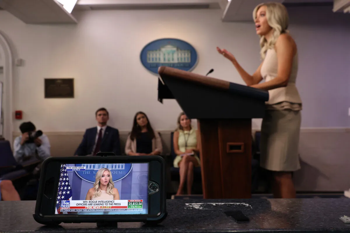 White House press secretary Kayleigh McEnany appears live and on Fox News on device during a news conference in Washington on June 30, 2020. (Chip Somodevilla/Getty Images)