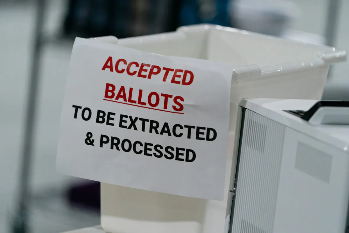 A ballot bin is seen at the Gwinnett County Board of Voter Registrations and Elections offices in Lawrenceville, Ga. on Nov. 7, 2020. (Elijah Nouvelage/Getty Images)