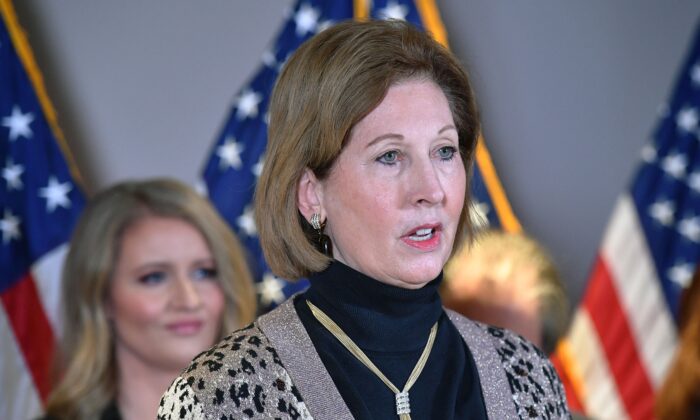 Sidney Powell speaking during a press conference at the Republican National Committee headquarters in Washington on Nov. 19, 2020. (Mandel Ngan/AFP via Getty Images)