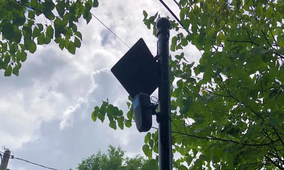 A file photo shows a solar-powered camera used by law enforcement officials to identify license plate numbers that will be installed at intersections in Lake Forest, Calif. (Courtesy of Flock Safety)