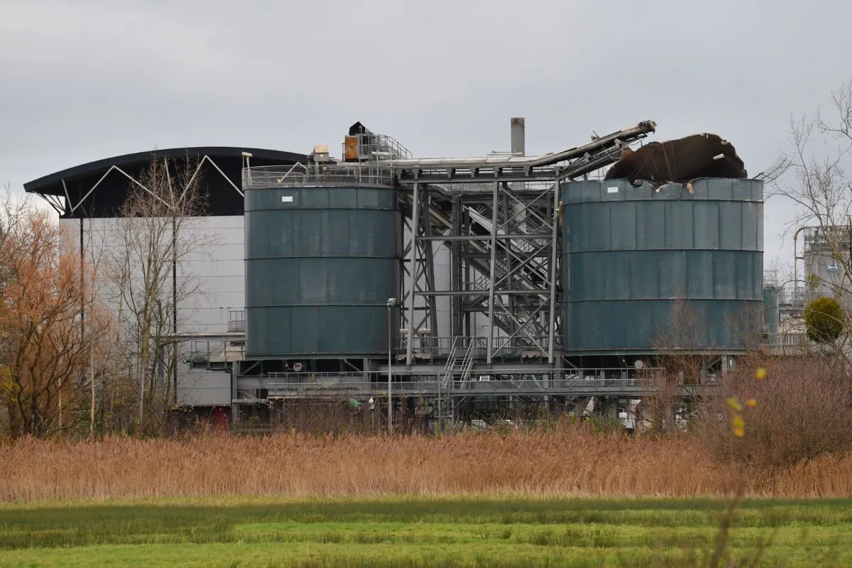 A picture shows a damaged silo (R) at a waste water treatment plant in Avonmouth, near Bristol in southwest England, on Dec. 4, 2020, after an explosion the previous day. (Ben Stansall/AFP via Getty Images)