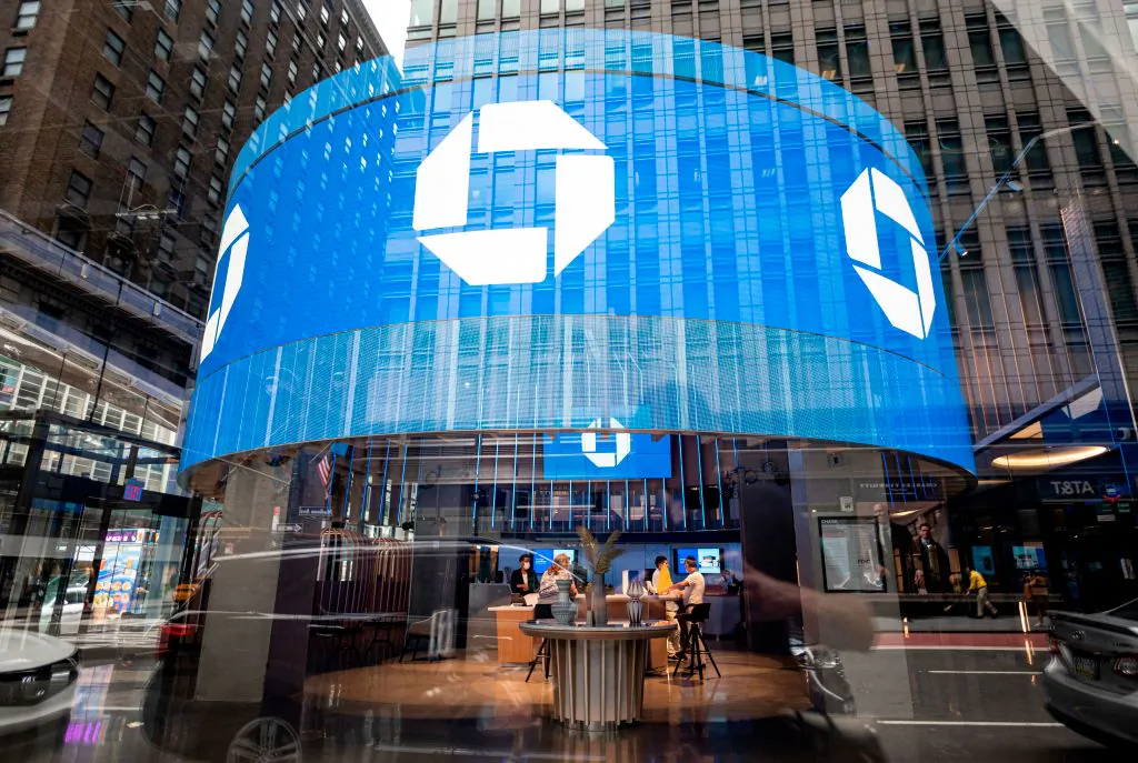 The logo of Chase bank is seen in Manhattan, New York City, on June 30, 2020. (Johannes Eisele/AFP via Getty Images)