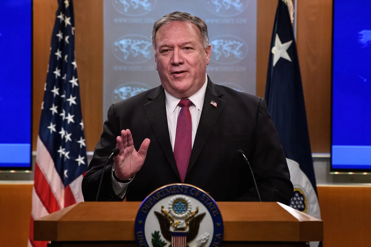 Then-U.S. Secretary of State Mike Pompeo speaks at a press conference at the State Department in Washington on Oct. 21, 2020. (Nicholas Kamm/AFP via Getty Images)