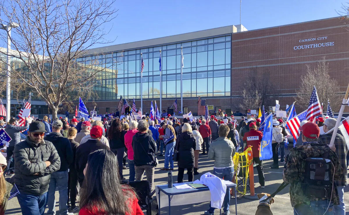 Protesters rally outside the Carson City Courthouse in Carson City, Nev., on Dec. 3, 2020, to support election integrity. (The Epoch Times)