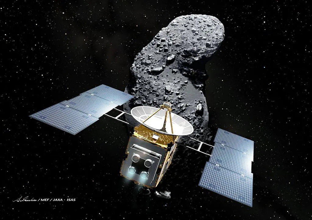 This imaginary image, illustrated by Akihiro Ikeshita and released from Japan Aerospace Exploration Agency (JAXA) shows Japan's space probe "Hayabusa" (Falcon) and an asteroid, called Itokawa in the space. (Akihiro IKESHITA/ Getty Images)