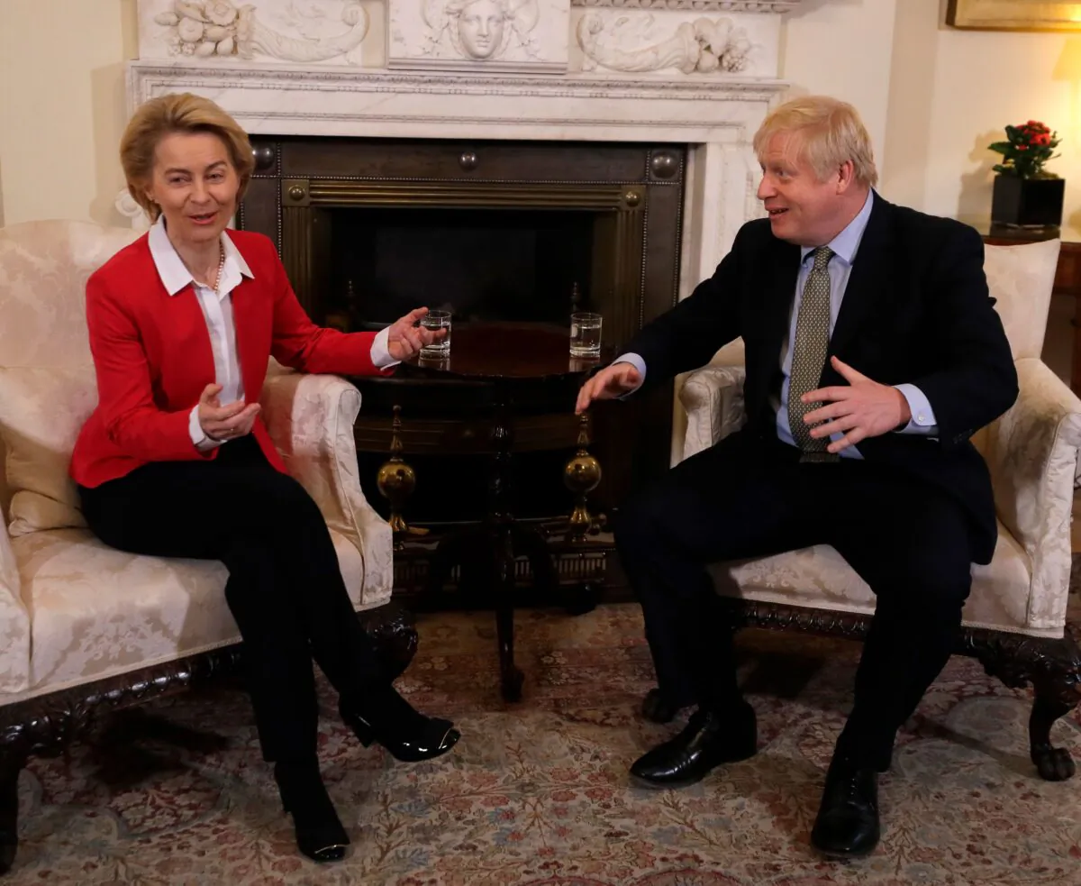 Britain's Prime Minister Boris Johnson (R) listens to European Commission President Ursula von der Leyen ahead of their meeting inside 10 Downing Street, in central London, UK, on Jan. 8, 2020. (Kirsty Wigglesworth/Pool/AFP via Getty Images)