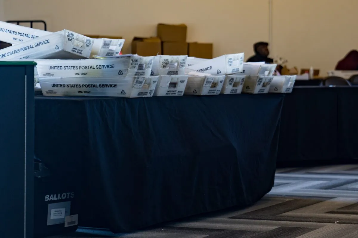 Filing boxes sit off to the side at an absentee ballot processing room at State Farm Arena in Atlanta on Nov. 2, 2020. (Megan Varner/Getty Images)
