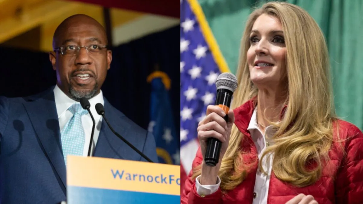 Left: Democratic U.S. Senate candidate Rev. Raphael Warnock speaks during an Election Night Event in Atlanta, Ga., on Nov. 3, 2020.
Right: U.S. Sen. Kelly Loeffler (R-Ga.) speaks to the crowd of supporters during a "Defend the Majority" rally at the Georgia National Fairgrounds and Agriculture Center in Perry, Ga., on Nov. 19, 2020. (Jessica McGowan/Getty Images)