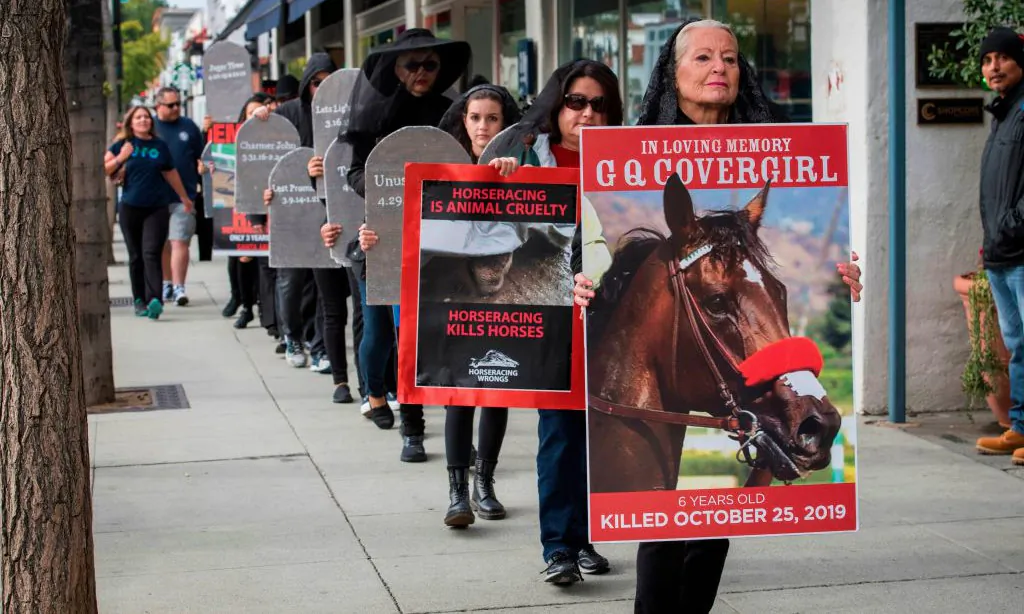 Members of the group Horseracing Wrongs and their supporters hold a "Requiem March for the fallen horses," to protest their deaths at Santa Anita Park race track and other venues across the country in Pasadena, Calif., on  Nov. 30, 2019. (Mark Ralston/AFP via Getty Images)
