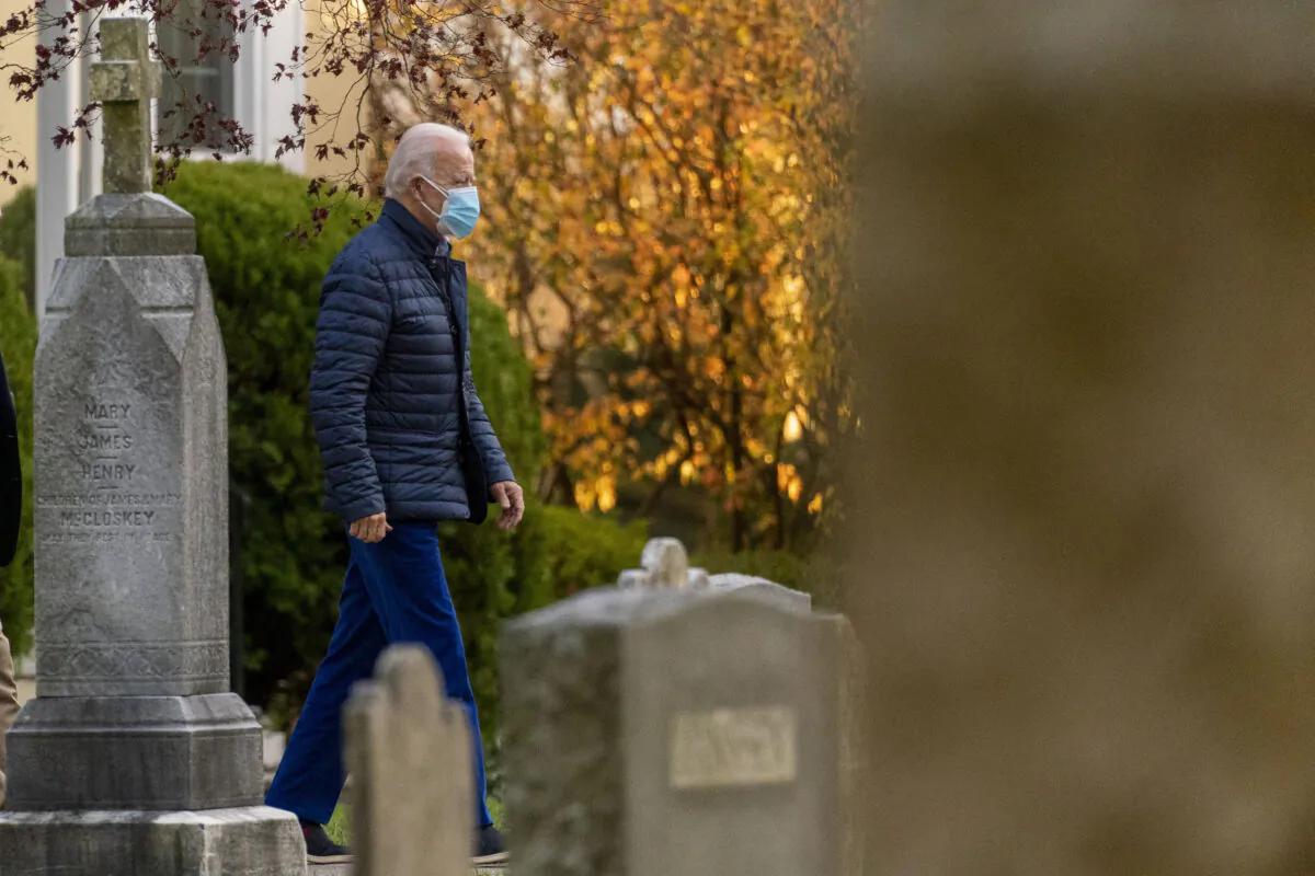 Democratic presidential nominee Joe Biden arrives at St. Joseph On the Brandywine Roman Catholic Church in Wilmington, Del., on Dec. 5, 2020. (Andrew Harnik/AP Photo)