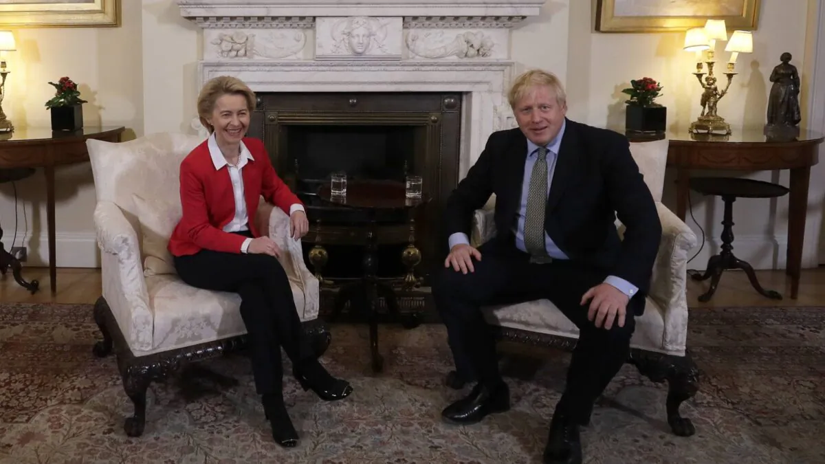 British Prime Minister Boris Johnson meets EU Commission President Ursula von der Leyen at 10 Downing Street in London on Jan. 8, 2020. (Kirsty Wigglesworth/WPA Pool/Getty Images)