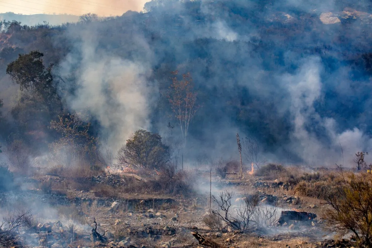 Smoke fills the air as firefighters fight the Bond Fire in Silverado Canyon, Calif., on Dec. 3, 2020. (John Fredricks/The Epoch Times)