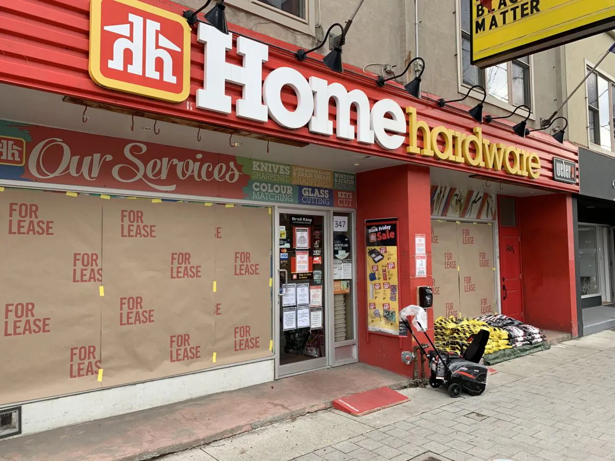 A storefront on Roncesvalles Avenue displays a "for lease" sign as part of a protest against the Ontario government's pandemic lockdown rules in Toronto on Nov. 24, 2020. (Jody White/The Canadian Press)