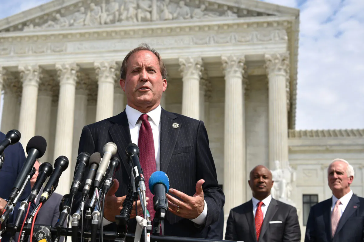 Texas Attorney General Ken Paxton speaks during the launch of an antitrust investigation into large tech companies outside of the Supreme Court in Washington on Sept. 9, 2019. (Mandel Ngan/AFP via Getty Images)