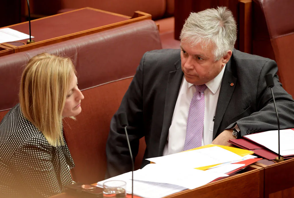 Senator Rex Patrick (R) speaks to Senator Katy Gallagher while the debate on the Treasury Laws Amendment Bill 2019 continues in the Senate at Parliament House on July 04, 2019 in Canberra, Australia.  (Tracey Nearmy/Getty Images)