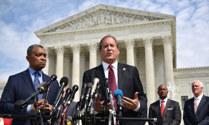 Texas Attorney General Ken Paxton speaks during the launch of an antitrust investigation into large tech companies outside of the U.S. Supreme Court in Washington on Sept. 9, 2019. (Mandel Ngan/AFP via Getty Images)