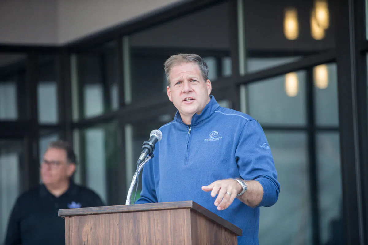 New Hampshire Gov. Christopher Sununu delivers remarks at a ribbon-cutting ceremony in Manchester, New Hampshire, on Sept. 2, 2020. (Scott Eisen/Getty Images for DraftKings)