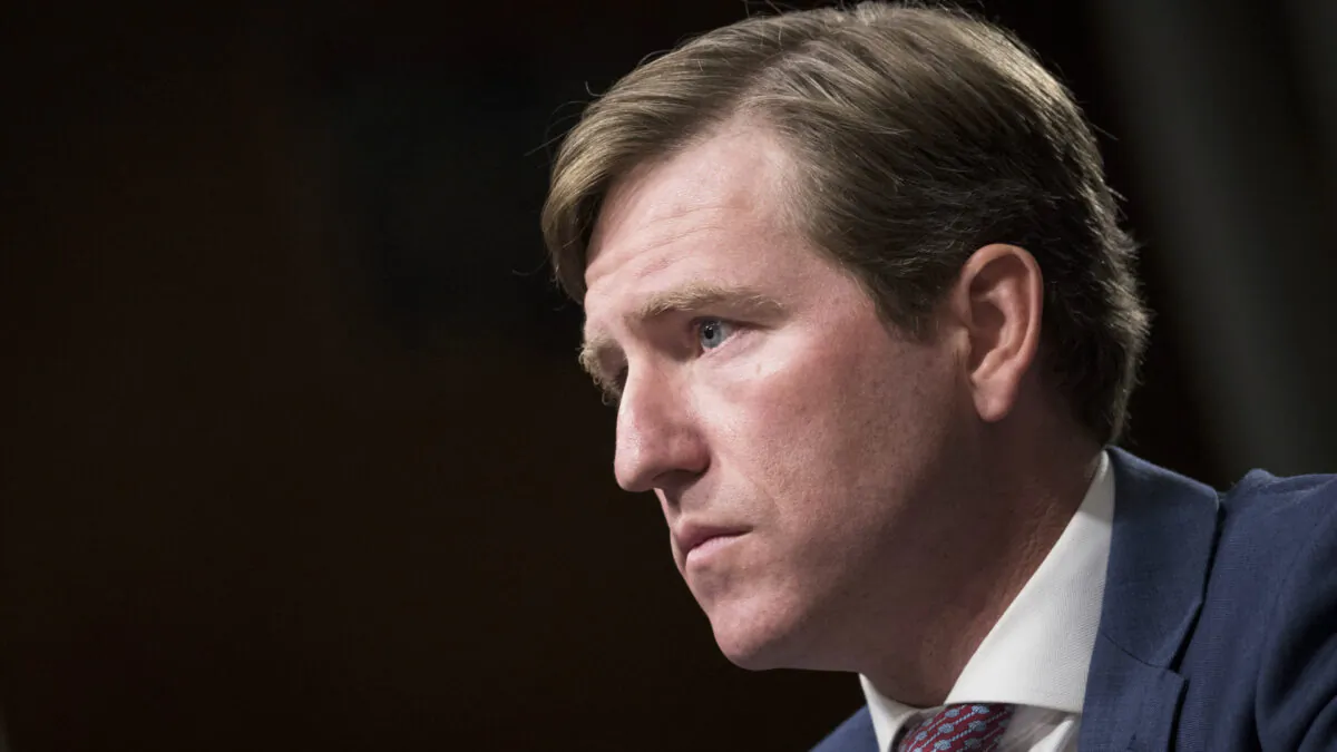 Christopher Krebs, former director of Cybersecurity and Infrastructure Security Agency at the U.S. Department of Homeland Security, testifies during a Senate Armed Services Committee hearing in Washington, on Oct. 19, 2017. (Drew Angerer/Getty Images)