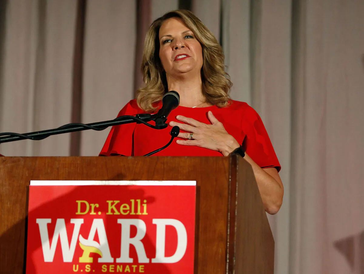Then-Arizona GOP senate candidate Kelli Ward concedes the primary in a speech to supporters at an election night event in Scottsdale, Arizona, on Aug. 28, 2018. (Ralph Freso/Getty Images)
