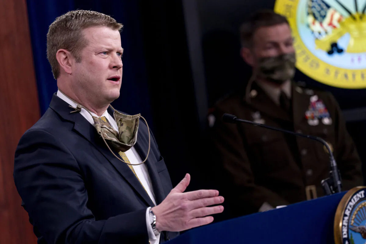 Secretary of the Army Ryan McCarthy (L) accompanied by Gen. James McConville, chief of staff of the Army (R), speaks during a briefing on an investigation into Fort Hood, Texas, at the Pentagon in Washington on Dec. 8, 2020. (Andrew Harnik/AP Photo)
