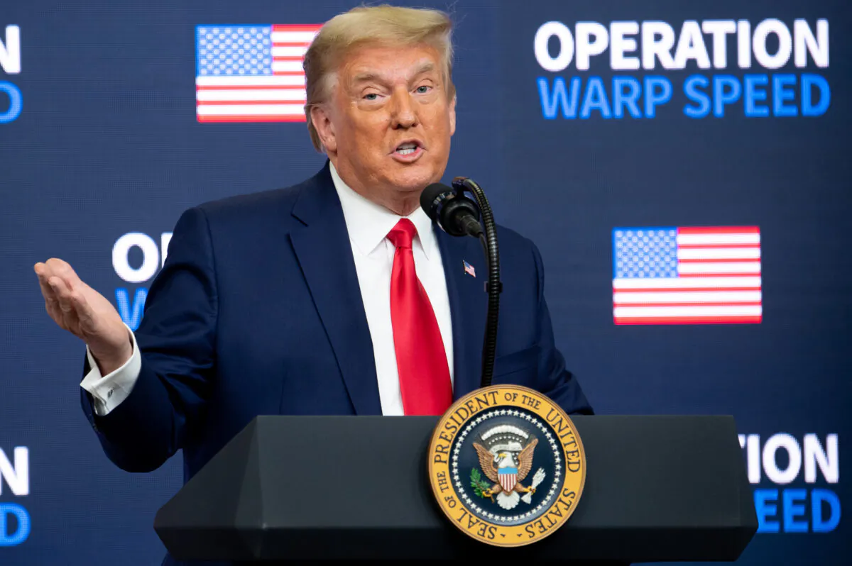 President Donald Trump speaks during the Operation Warp Speed Vaccine Summit in the Eisenhower Executive Office Building adjacent to the White House, in Washington on Dec. 8, 2020. (Saul Loeb/AFP via Getty Images)