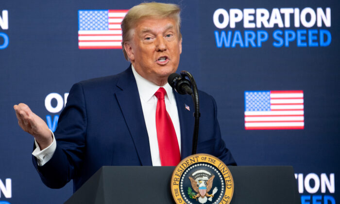 President Donald Trump speaks during the Operation Warp Speed Vaccine Summit in the Eisenhower Executive Office Building adjacent to the White House, in Washington on Dec. 8, 2020. (Saul Loeb/AFP via Getty Images)