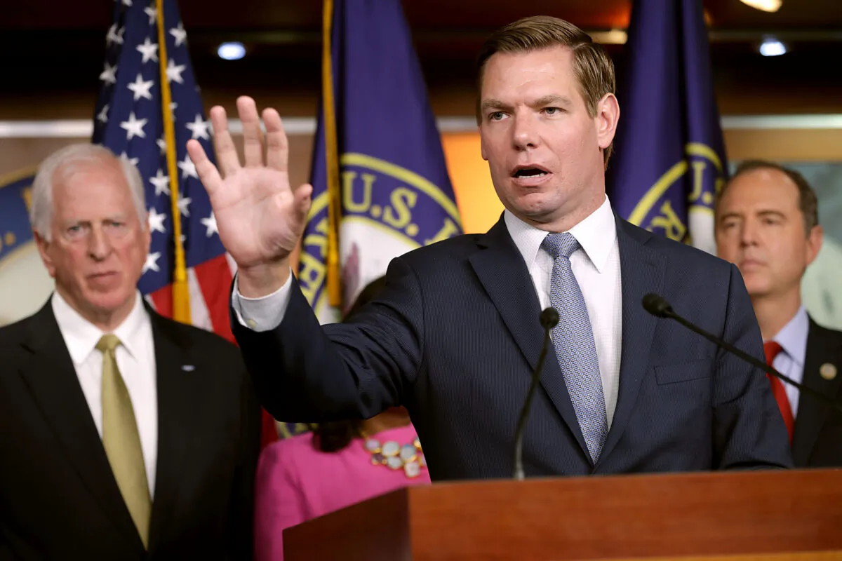 House Intelligence Committee member Rep. Eric Swalwell (D-Calif.) speaks a news conference about the Trump-Putin Helsinki summit in the U.S. Capitol Visitors Center in Washington on July 17, 2018. (Chip Somodevilla/Getty Images)