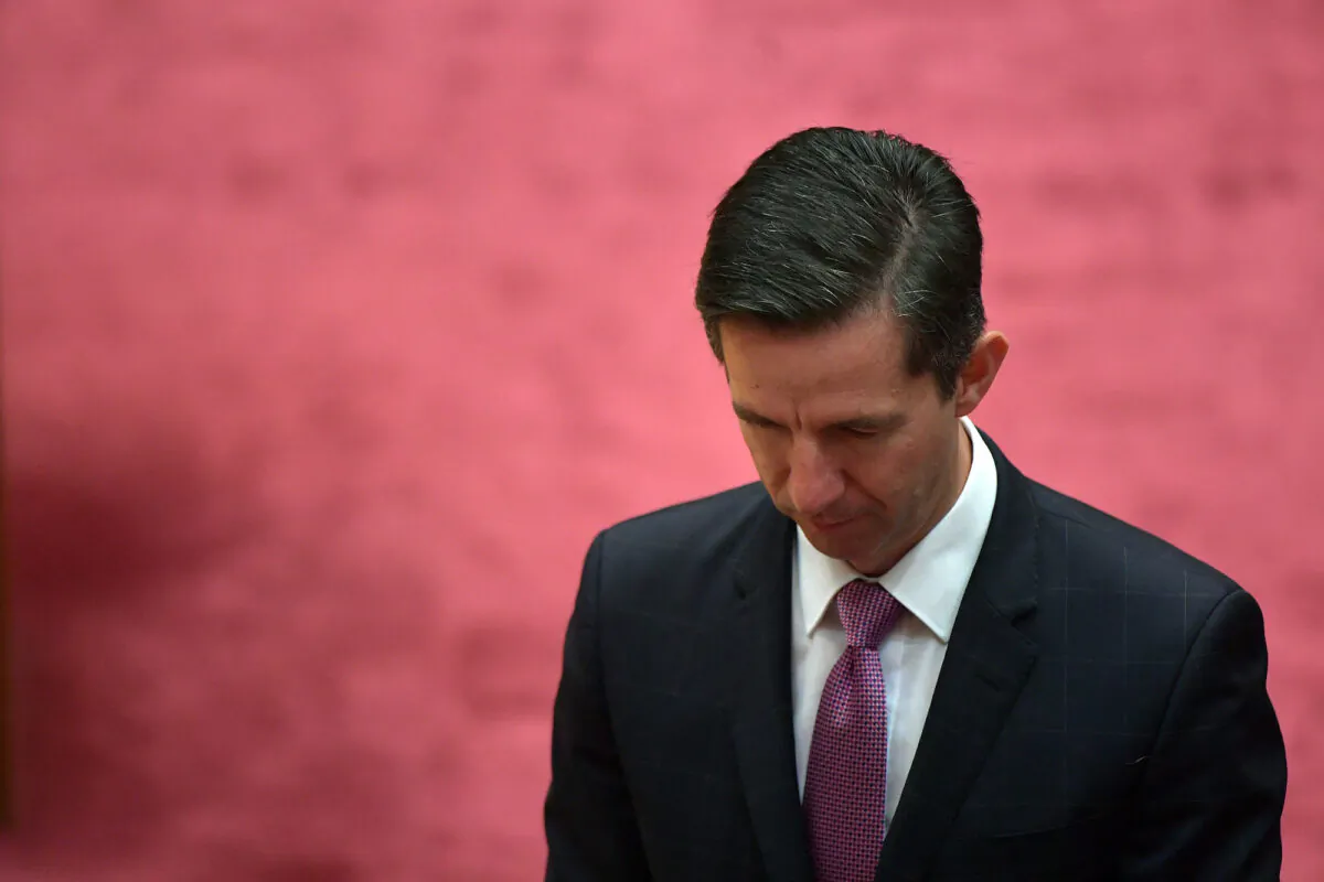 Senator Simon Birmingham during Senate business at Parliament House in Canberra, Australia on Dec. 7, 2020. (Sam Mooy/Getty Images)