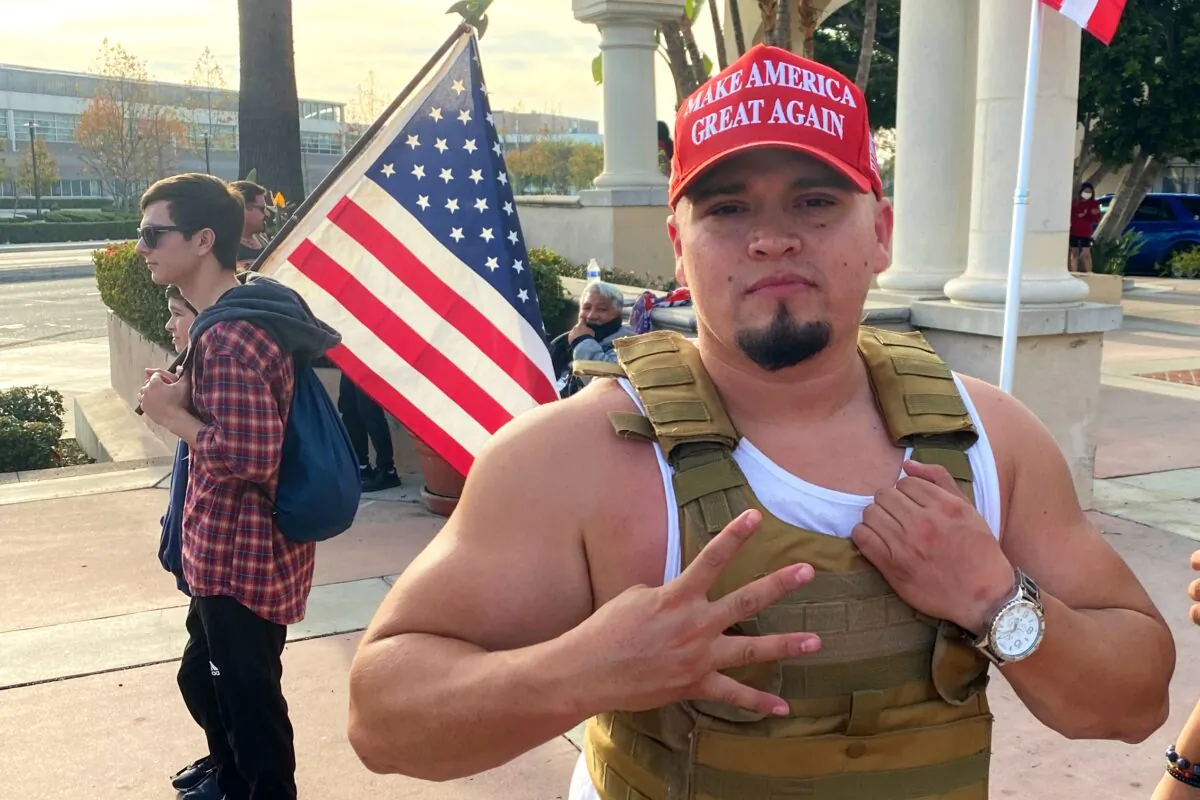 Joe Vargas, one of the organizers, participates in a protest calling for election integrity and supporting President Donald Trump in Santa Ana, Calif., on Dec. 6, 2020. (Jack Bradley/The Epoch Times)