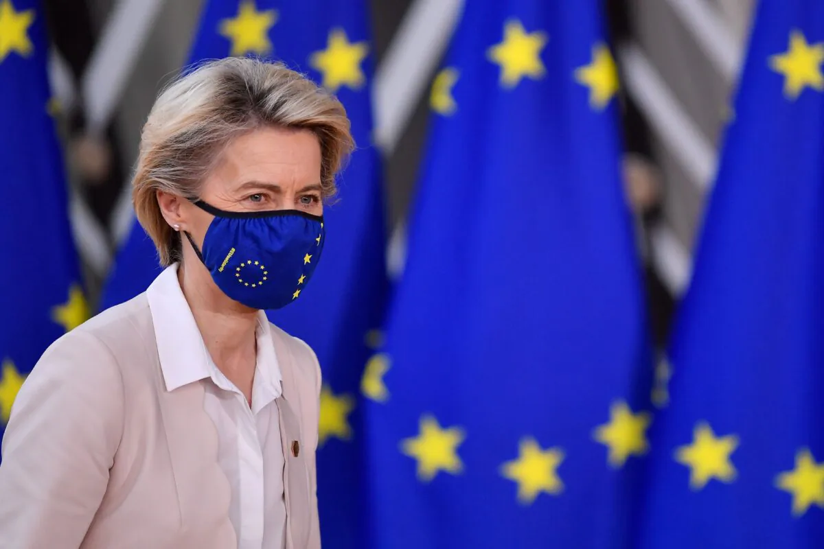 European Commission President Ursula von der Leyen arrives at the EU headquarters prior to an EU summit, in Brussels, on Dec. 10, 2020. (John Thys/Pool/AFP via Getty Images)