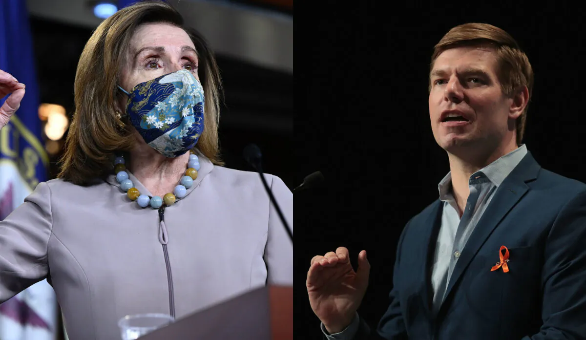 House Speaker Nancy Pelosi (D-Calif.) (L) speaks to reporters in Washington on Dec. 10, 2020. (R) Rep. Eric Swalwell (D-Calif.) in a 2019 file photograph. (Getty Images)