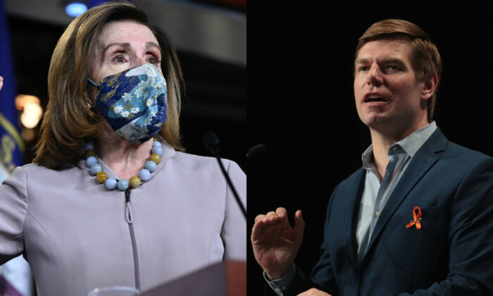 House Speaker Nancy Pelosi (D-Calif.), left, speaks to reporters in Washington on Dec. 10, 2020. On right, Rep. Eric Swalwell (D-Calif.) in a 2019 file photograph. (Getty Images)