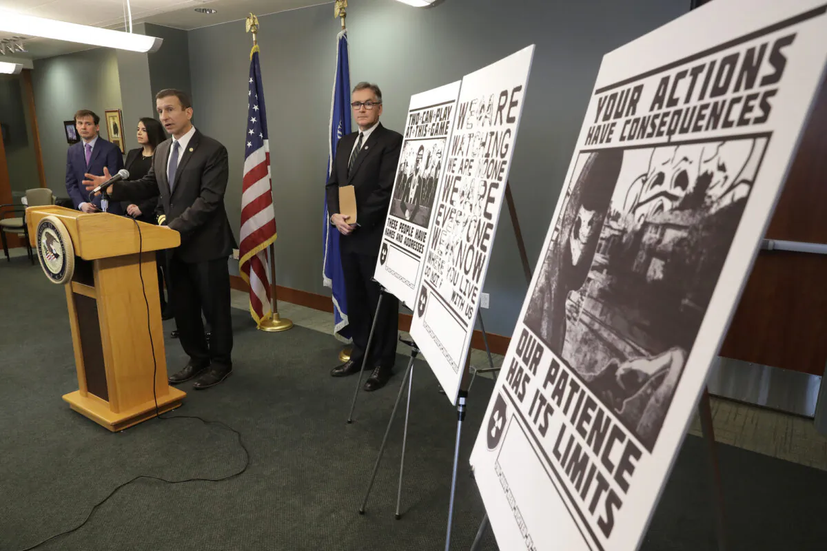 File photo showing FBI Special Agent Raymond Duda speaking at a news conference about charges against members of Atomwaffen Division, in Seattle, Wash. on Dec. 9, 2020. (Ted S. Warren/AP Photo, File)