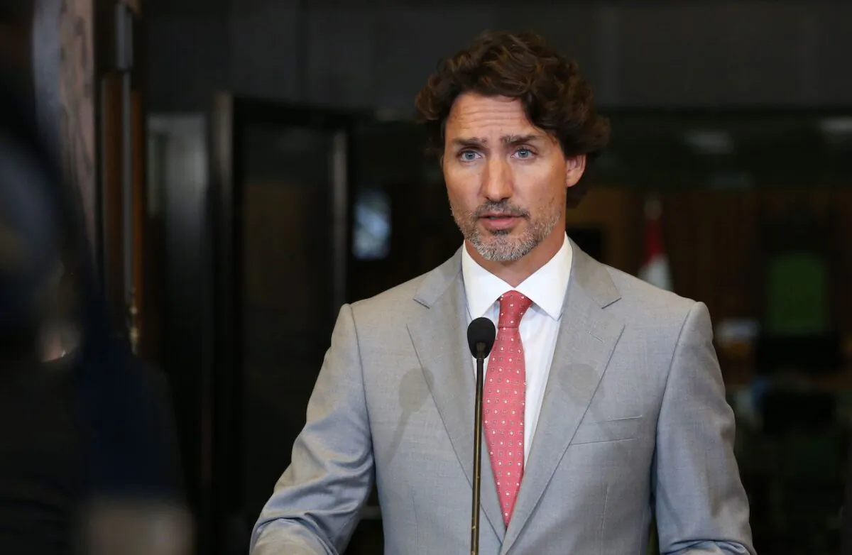 Canada's Prime Minister Justin Trudeau speaks during a news conference on Parliament Hill in Ottawa, Canada, on Aug. 18, 2020. (Dave Chan/AFP via Getty Images)