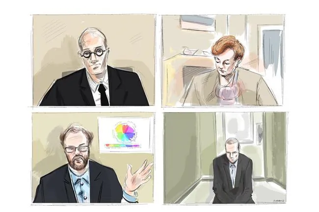 Crown attorney Joe Callaghan, clockwise from top left, Justice Anne Molloy, accused in the April 2018 Toronto van attack Alex Minsassian and Dr. Alexander Westphal are shown during a murder trial conducted via Zoom videoconference, in this courtroom sketch on Nov. 30, 2020. (The Canadian Press/Alexandra Newbould)