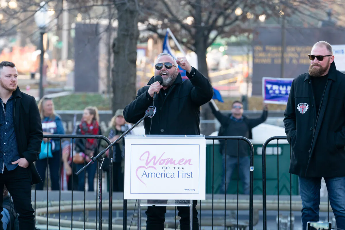 Pastor Brian Gibson speaks at the Women For America First rally at Freedom Plaza in Washington, D.C., on Dec. 12, 2020. (Leo Shi/The Epoch Times)