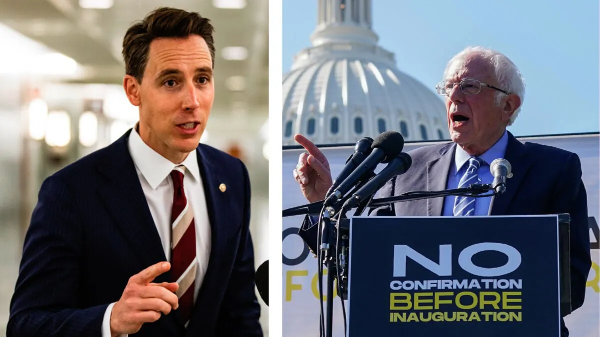 Sen. Josh Hawley (R-Mo.) makes a statement after voting in the Judiciary Committee on Oct. 22, 2020 in Washington. (Samuel Corum/Getty Images); Sen. Bernie Sanders (I-Vt.) speaks at a protest calling for the Republican Senate to delay the confirmation of Supreme Court Justice Nominee Amy Coney Barrett at the U.S. Capitol on Oct. 22, 2020 in Washington. (Jemal Countess/Getty Images for Care In Action)