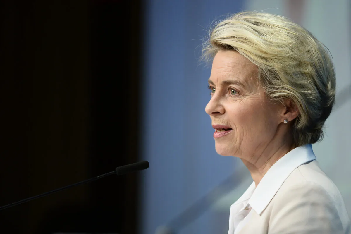 European Commission President Ursula von der Leyen gives a press conference at the end of an EU summit at the European Council building in Brussels, on Dec. 11, 2020. (Johanna Geron/Pool/AFP via Getty Images)