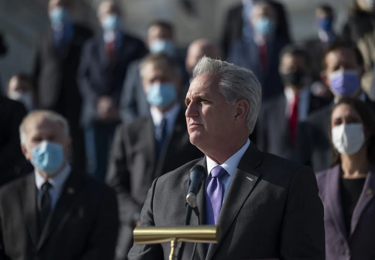 House Minority Leader Kevin McCarthy (R-Calif.) speaks during a press conference on the steps of the U.S. Capitol in Washington, on Dec. 10, 2020. (Andrew Caballero-Reynolds/AFP via Getty Images)