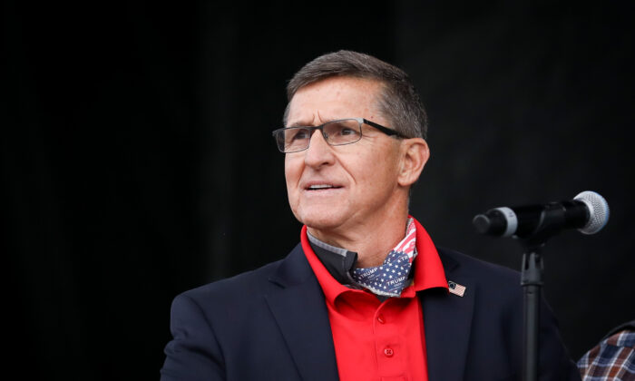 Former national security adviser Lt. Gen. Michael Flynn (Ret.) speaks at the “Let the Church ROAR” National Prayer Rally on the National Mall in Washington on Dec. 12, 2020. (Samira Bouaou/The Epoch Times)