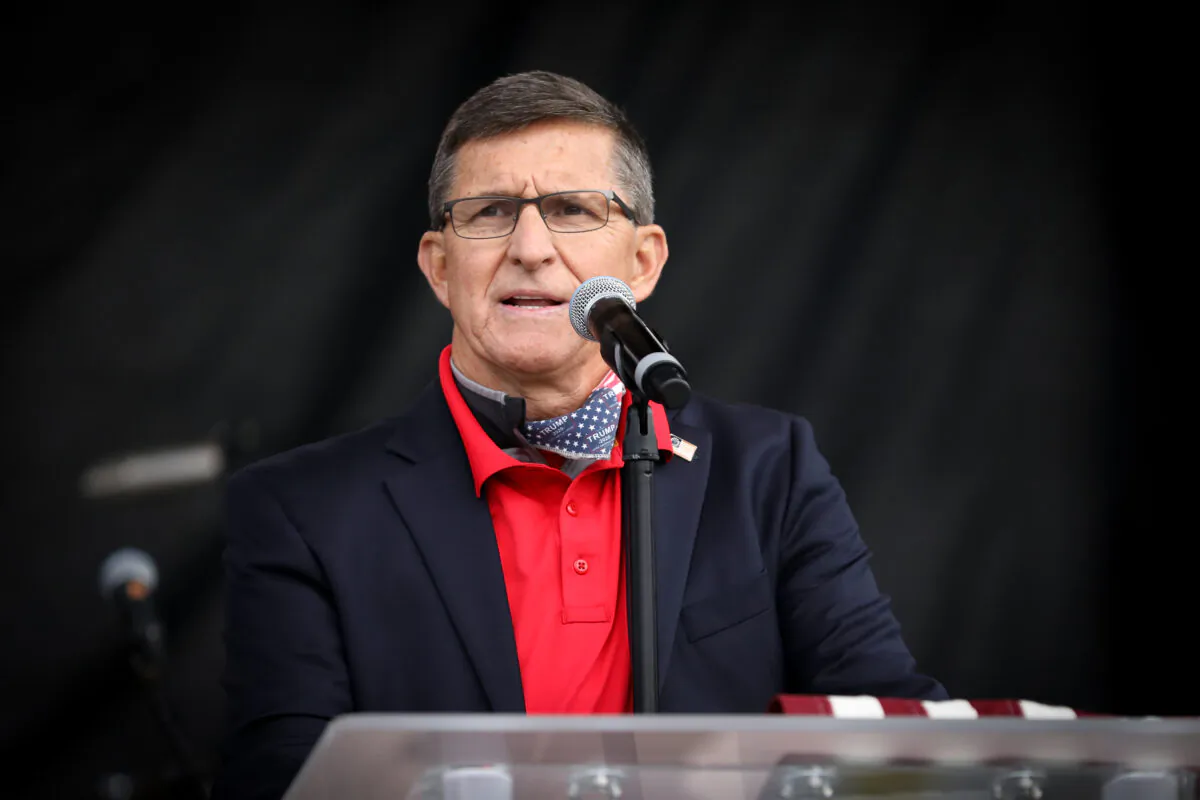 Former national security adviser Lt. Gen. Michael Flynn (Ret.) speaks at the “Let the Church ROAR” National Prayer Rally on the National Mall in Washington on Dec. 12, 2020. (Samira Bouaou/The Epoch Times)