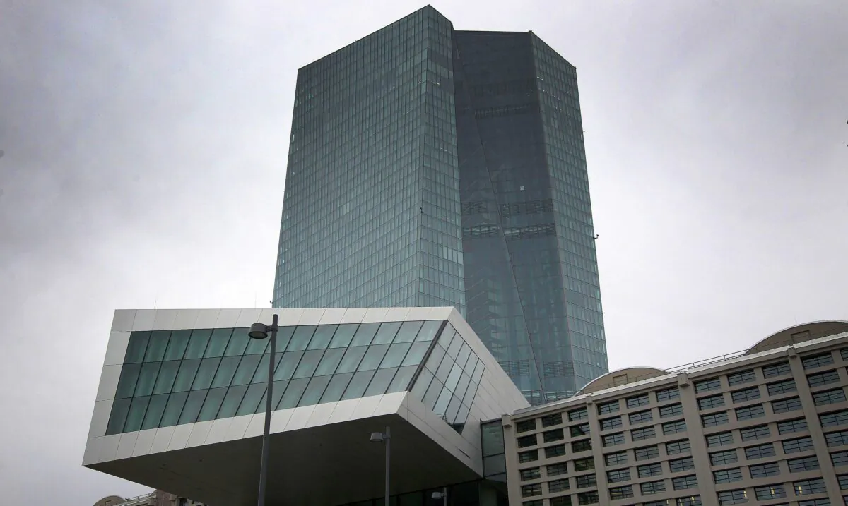 The headquarters of the European Central Bank (ECB) is pictured in Frankfurt am Main, Germany, on March 12, 2020. (Daniel Roland/AFP via Getty Images)