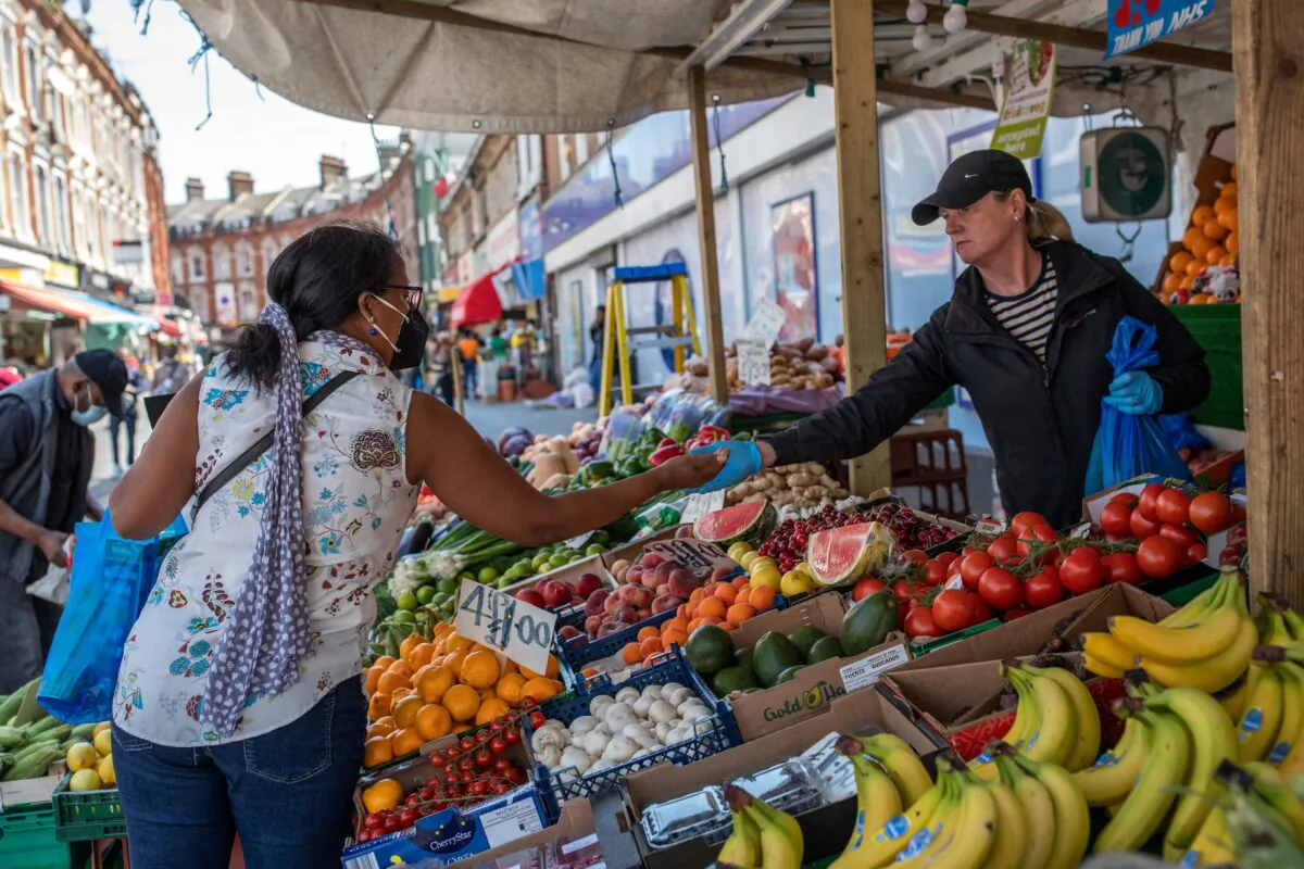 A fruit and vegetable stall trades at Brixton market in London, on June 1, 2020. (Dan Kitwood/Getty Images)