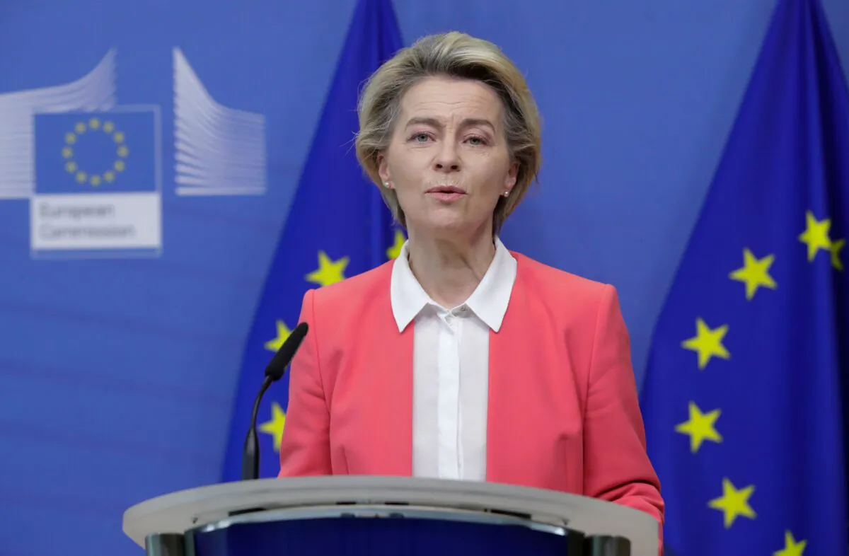 European Commission President Ursula von der Leyen gives a press statement following a phone call with Britain's Prime Minister Boris Johnson, at the European Commission in Brussels, on Dec. 13, 2020. (Olivier Hoslet/Pool/AFP via Getty Images)