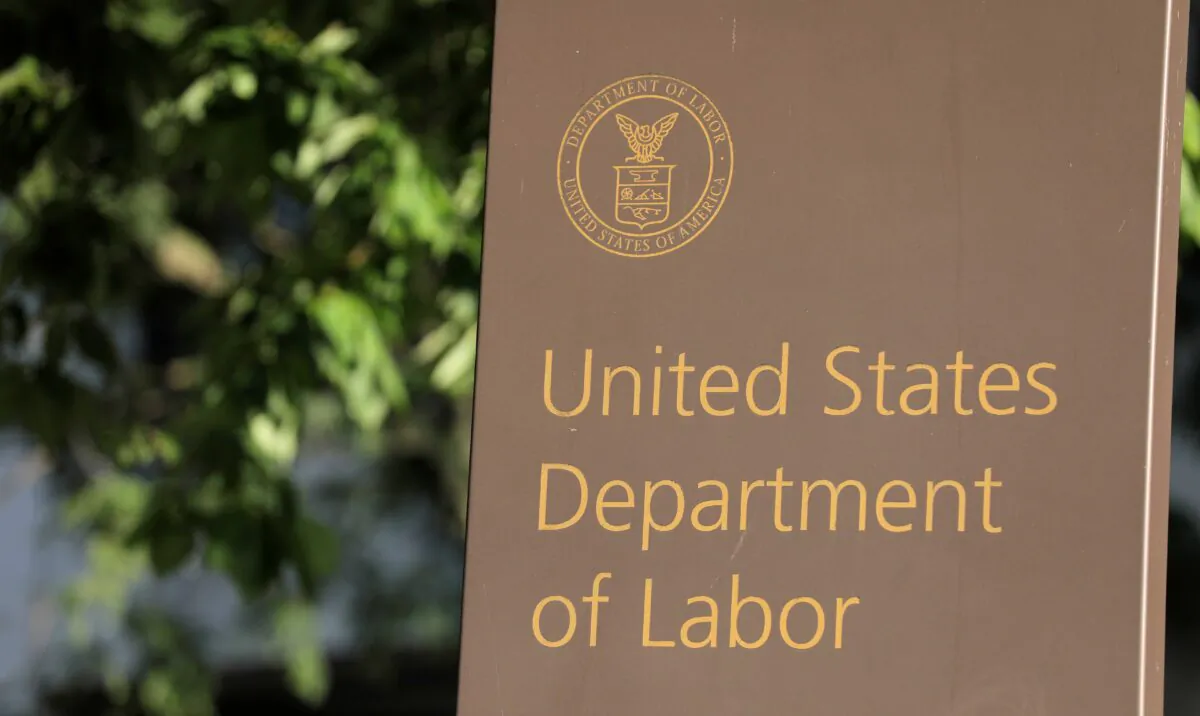 Signage is seen at the U.S. Department of Labor headquarters in Washington on Aug. 29, 2020. (Andrew Kelly/Reuters)