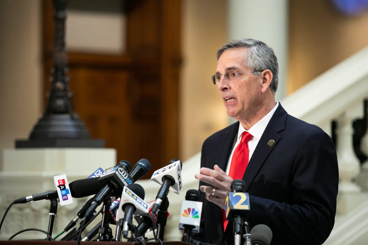 Georgia Secretary of State Brad Raffensperger holds a press conference on the status of ballot counting in Atlanta on Nov. 6, 2020. (Jessica McGowan/Getty Images)