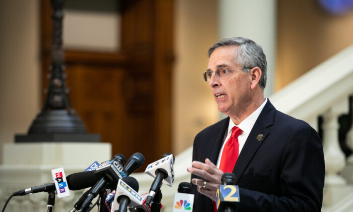 Georgia Secretary of State Brad Raffensperger holds a press conference on the status of ballot counting in Atlanta, Ga., on Nov. 6, 2020. (Jessica McGowan/Getty Images)
