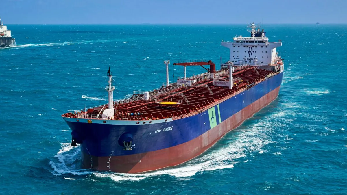 The Singapore-flagged oil tanker BW Rhine is seen in this file photo. (Tommy Chia/Aerial Photographer SG via AP)